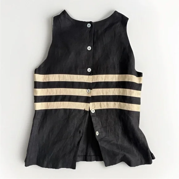Joe 100% Linen Button Up Back Striped Black Top Large Neutral Luxury Summer - Picture 2 of 13